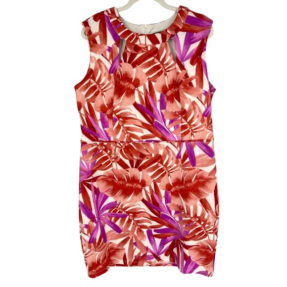 Stella & Julie Dress Womens 18W Pink Tropical Floral Cut-out Neckline Sheath - Picture 1 of 7